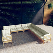 Loungeset 11-delig grenenhout crème kussens