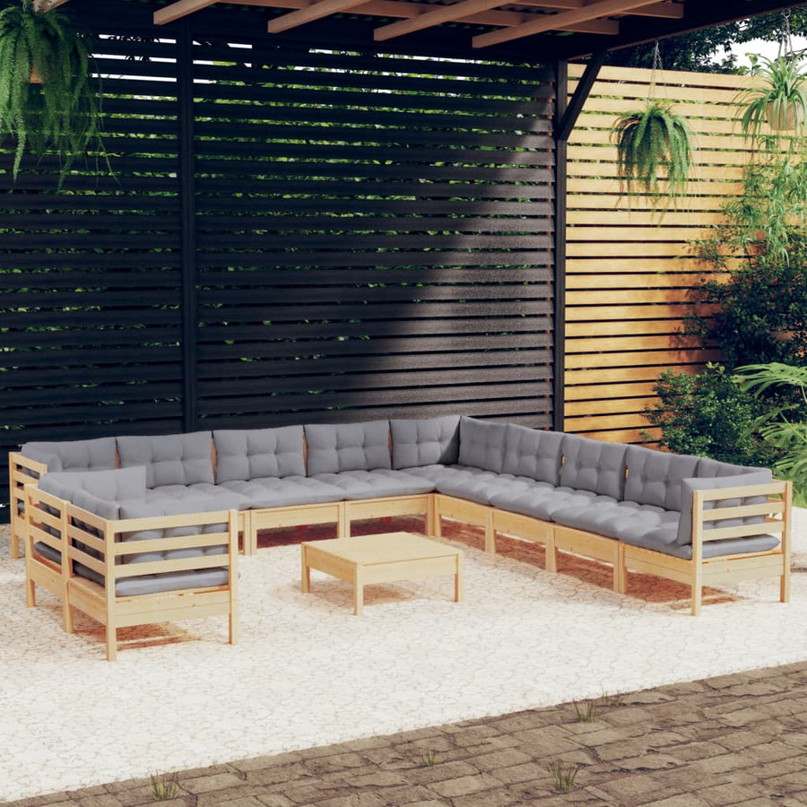 2-Delige Loungeset Met Grijze Kussens Massief Grenenhout Bruin en grijs