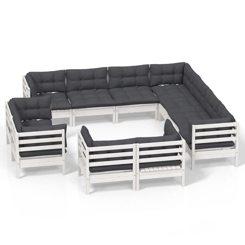 -Delige Loungeset Met Kussens Massief Grenenhout Wit