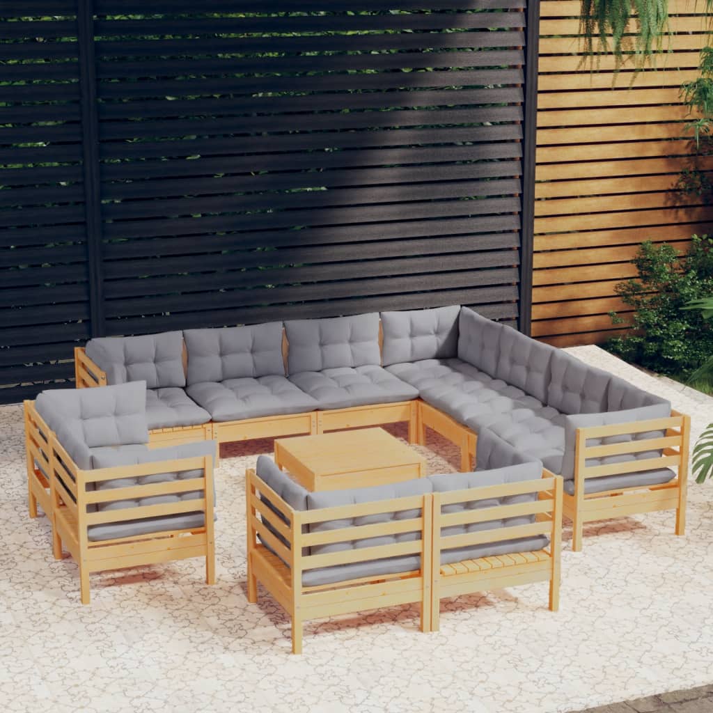 2-Delige Loungeset Met Grijze Kussens Massief Grenenhout Bruin en grijs