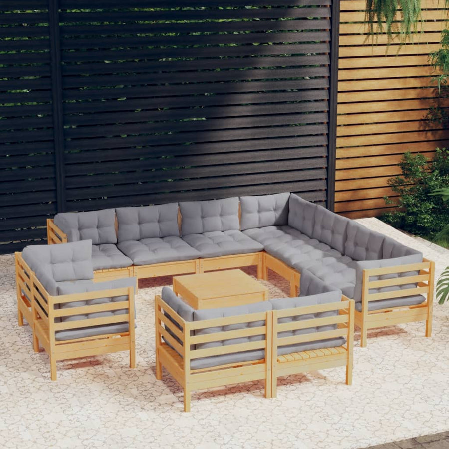 2-Delige Loungeset Met Grijze Kussens Massief Grenenhout Bruin en grijs