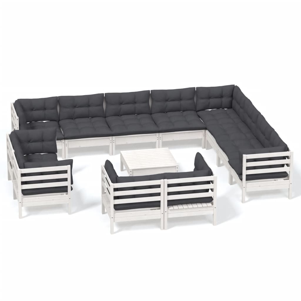 3-Delige Loungeset Met Kussens Massief Grenenhout Wit