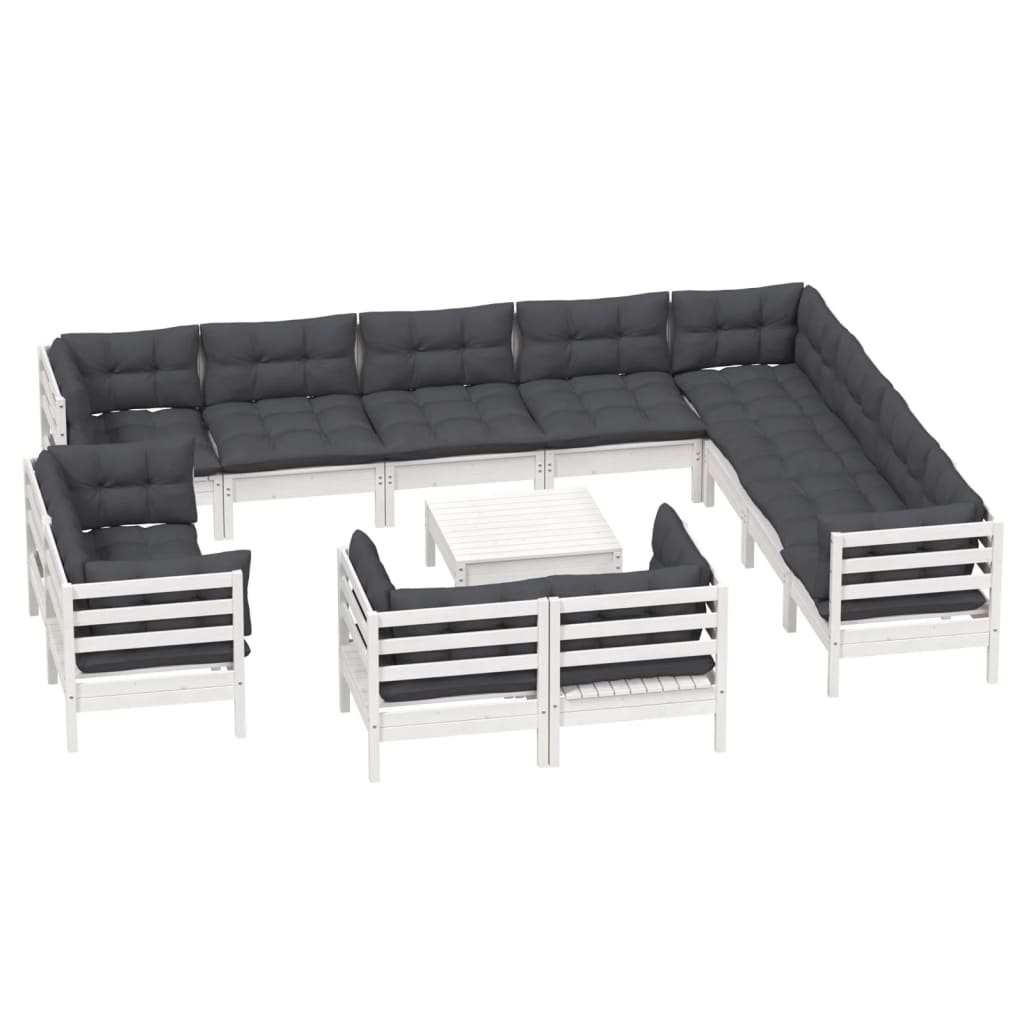 3-Delige Loungeset Met Kussens Massief Grenenhout Wit