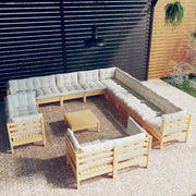 Loungeset 14-delig grenenhout crèmekleurige kussens