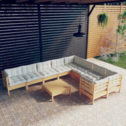 Loungeset 10-delig grenenhout crèmekleurige kussens