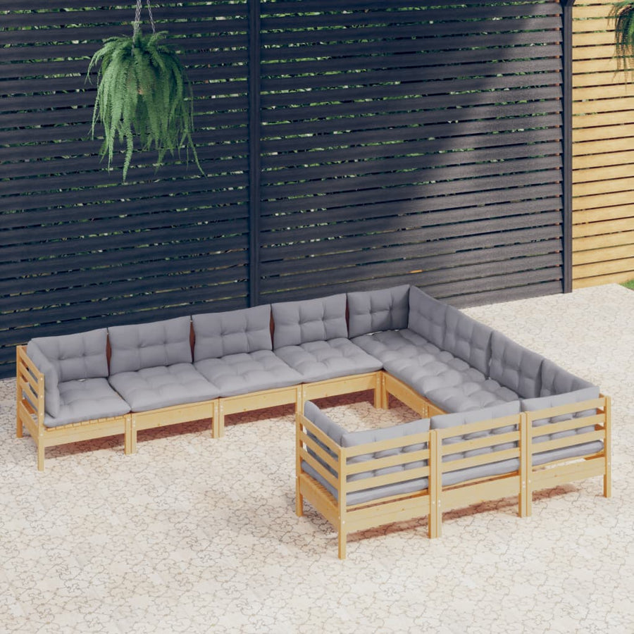 10-Delige Loungeset Met Grijze Kussens Grenenhout Bruin en grijs
