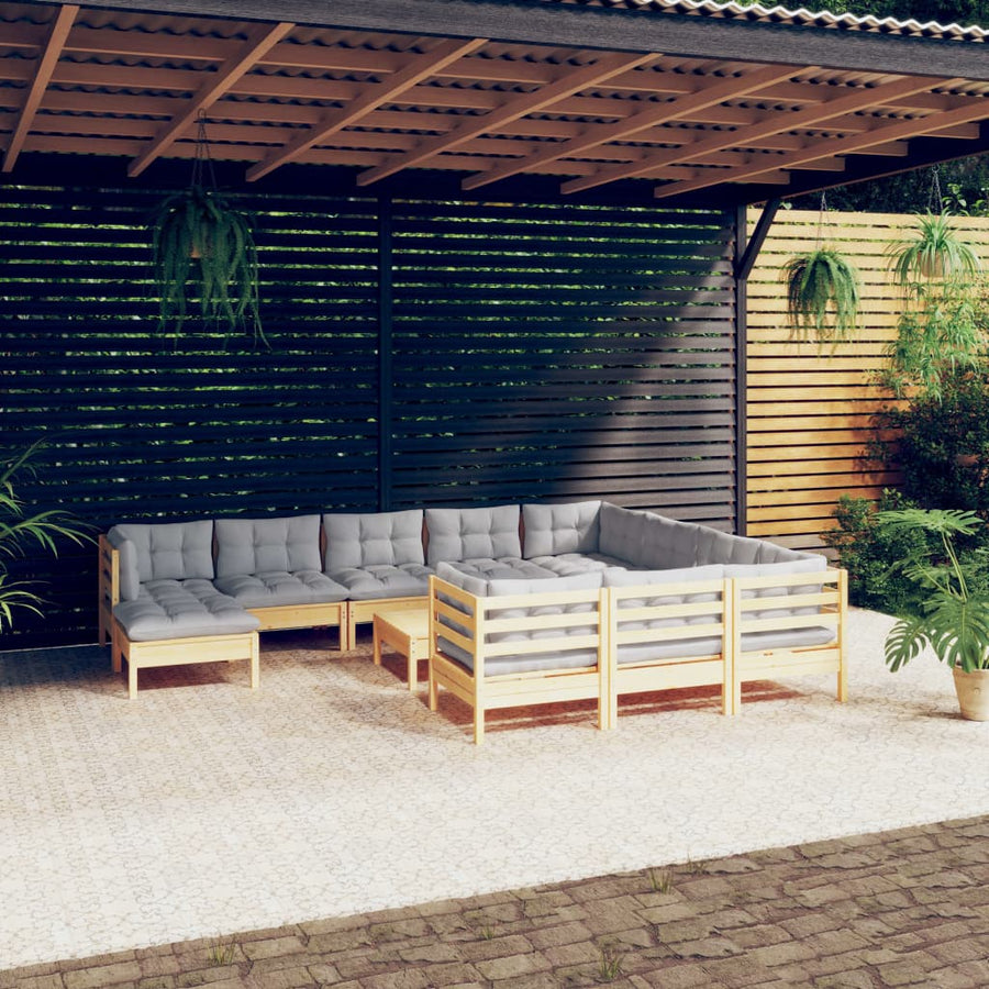 2-Delige Loungeset Met Grijze Kussens Grenenhout Bruin en grijs