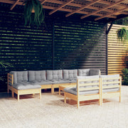 10-piece Lounge Set with Grey Cushions, Pine Wood