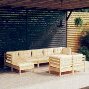 Loungeset 9-delig massief grenenhout crème kussens