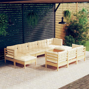 Loungeset 10-delig massief grenenhout crèmekleurige kussens