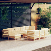 Loungeset 11-delig massief grenenhout crème kussens