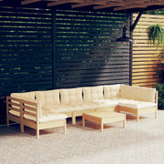 Loungeset 8-delig massief grenenhout crème kussens