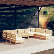 Loungeset 9-delig massief grenenhout crèmekleurige kussens