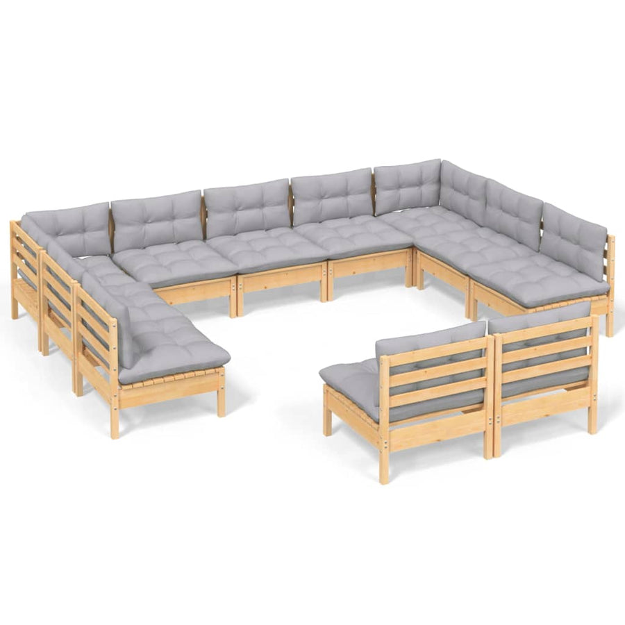 11-Delige Loungeset Met Grijze Kussens Massief Grenenhout