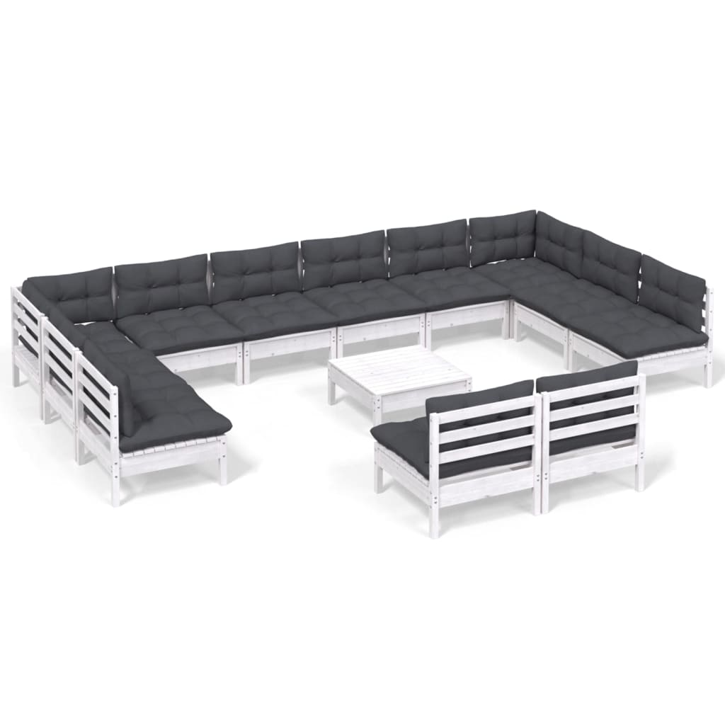 3-Delige Loungeset Met Kussens Massief Grenenhout Wit