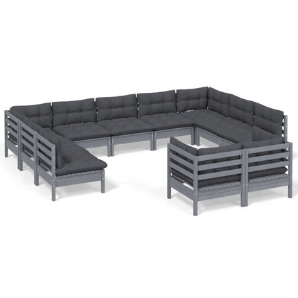 -Delige Loungeset Met Kussens Massief Grenenhout Grijs