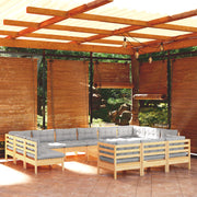 14-piece Lounge Set with Grey Cushions Pine Wood
