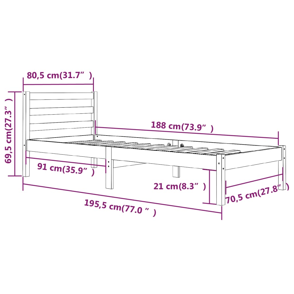 Bedframe Massief Grenenhout 2Ft6 Small Single 75 x 190 cm Wit