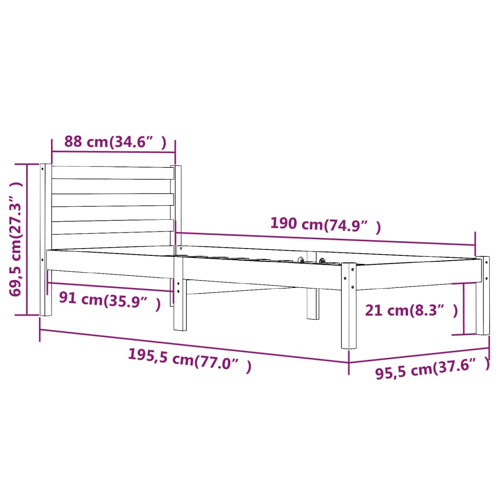 Bedframe Massief Grenenhout 3Ft Single 90 x 190 cm Wit