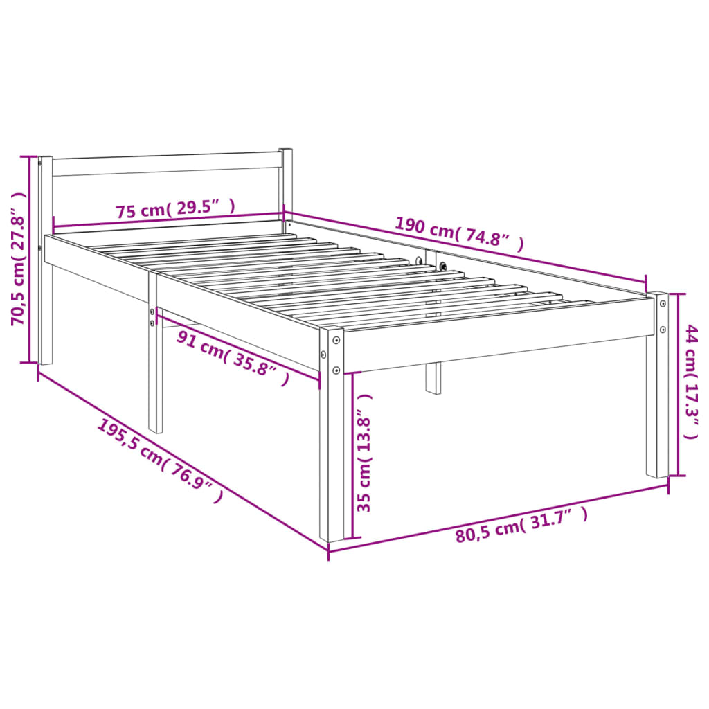 Seniorenbed massief grenenhout wit 75x190 cm