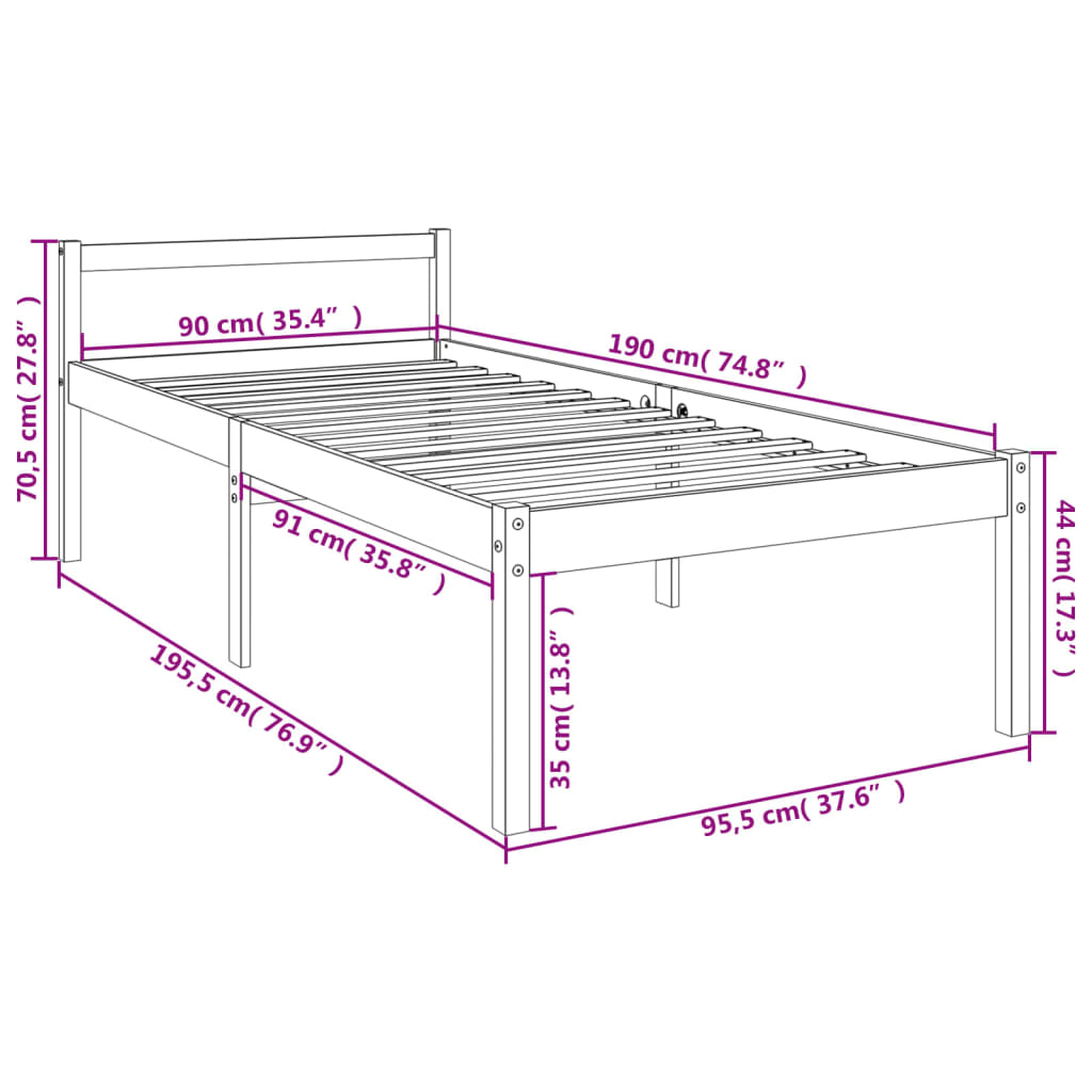 Seniorenbed massief grenenhout wit 90x190 cm