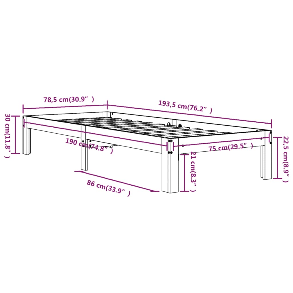 Bedframe Massief Hout 75 x 190 cm Wit