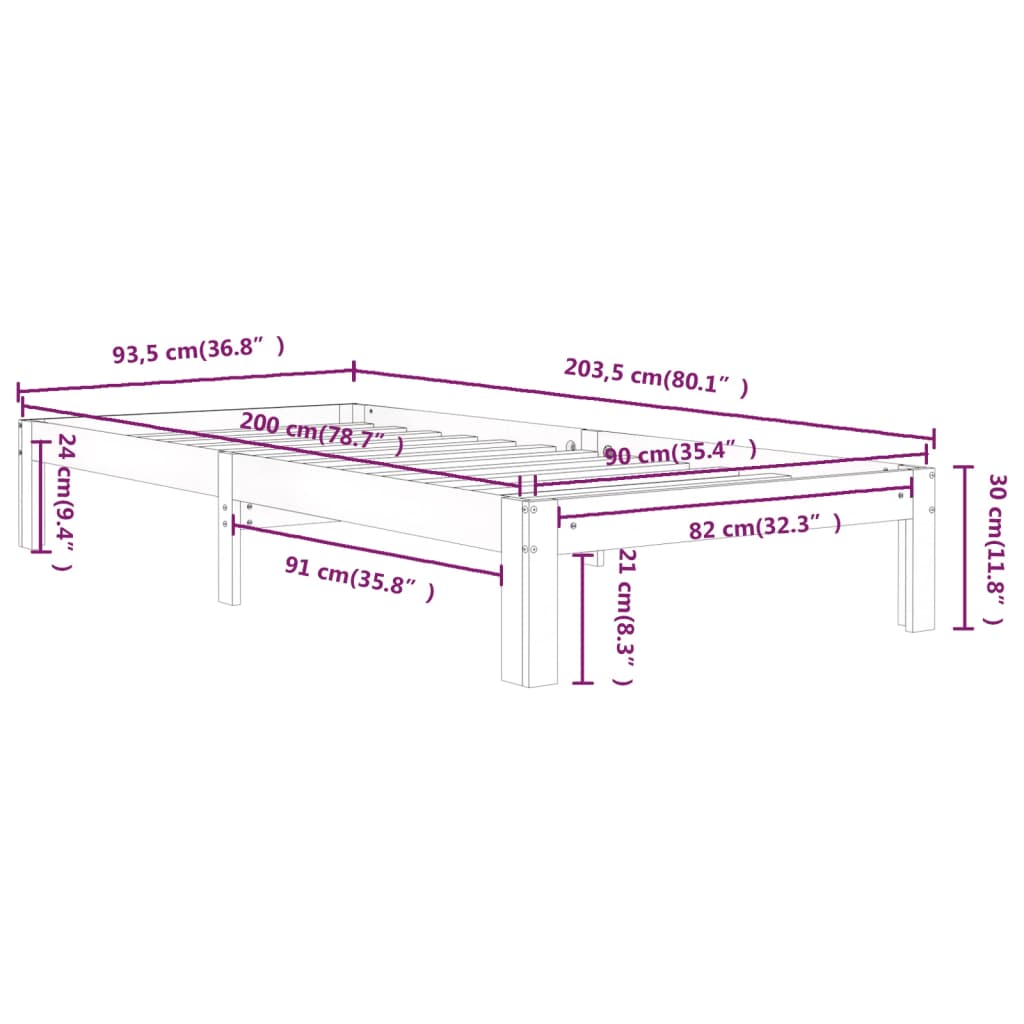 Bedframe Massief Grenenhout 90 x 200 cm Wit