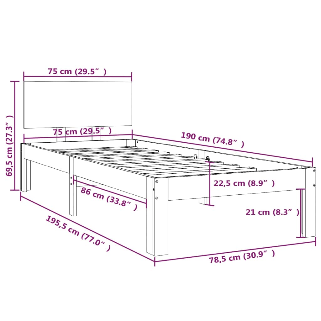 Bedframe Massief Hout Small Single 75 x 190 cm Naturel