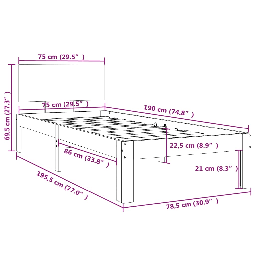 Bedframe Massief Hout 75 x 190 cm Wit