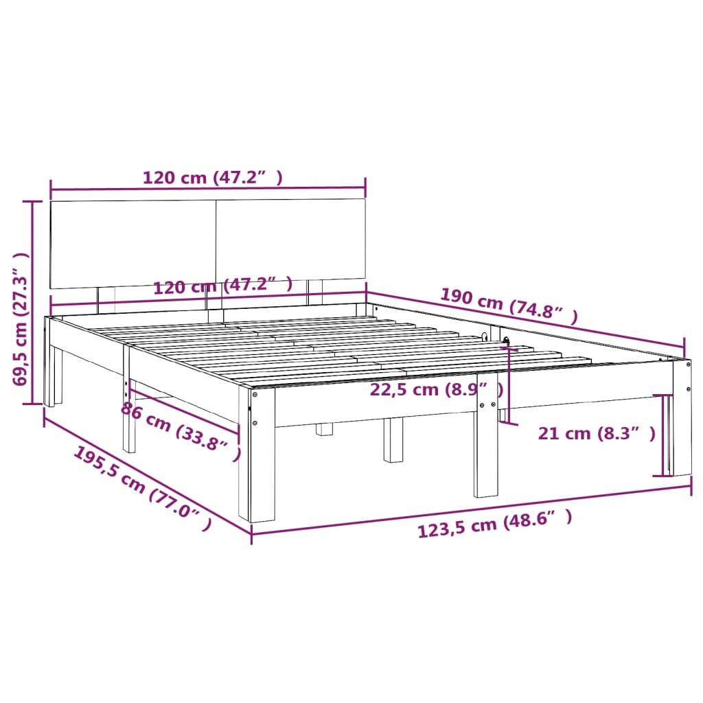Bedframe massief hout 120x190 cm 120 x 190 cm Naturel