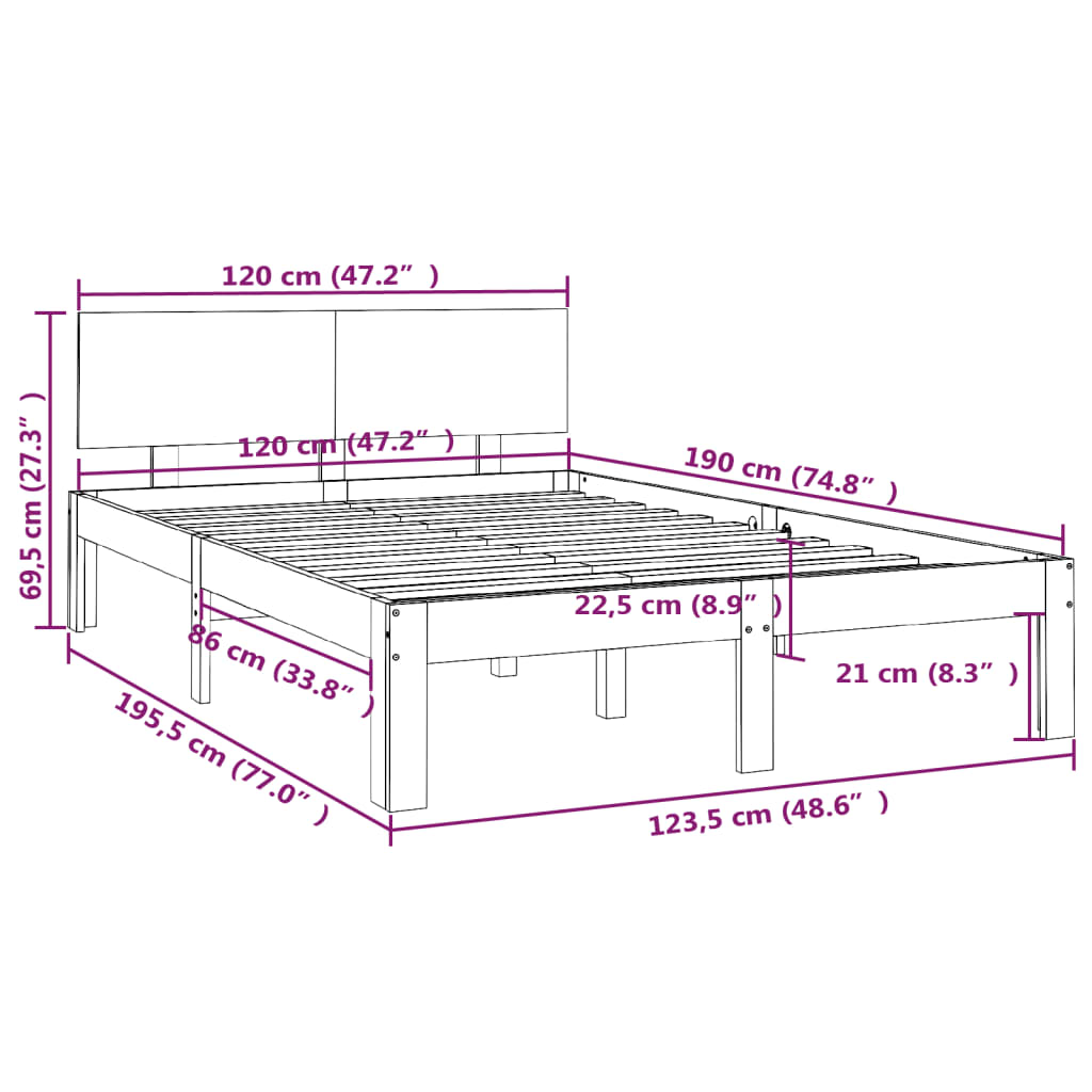 Bedframe Massief Hout 120 x 190 cm Wit