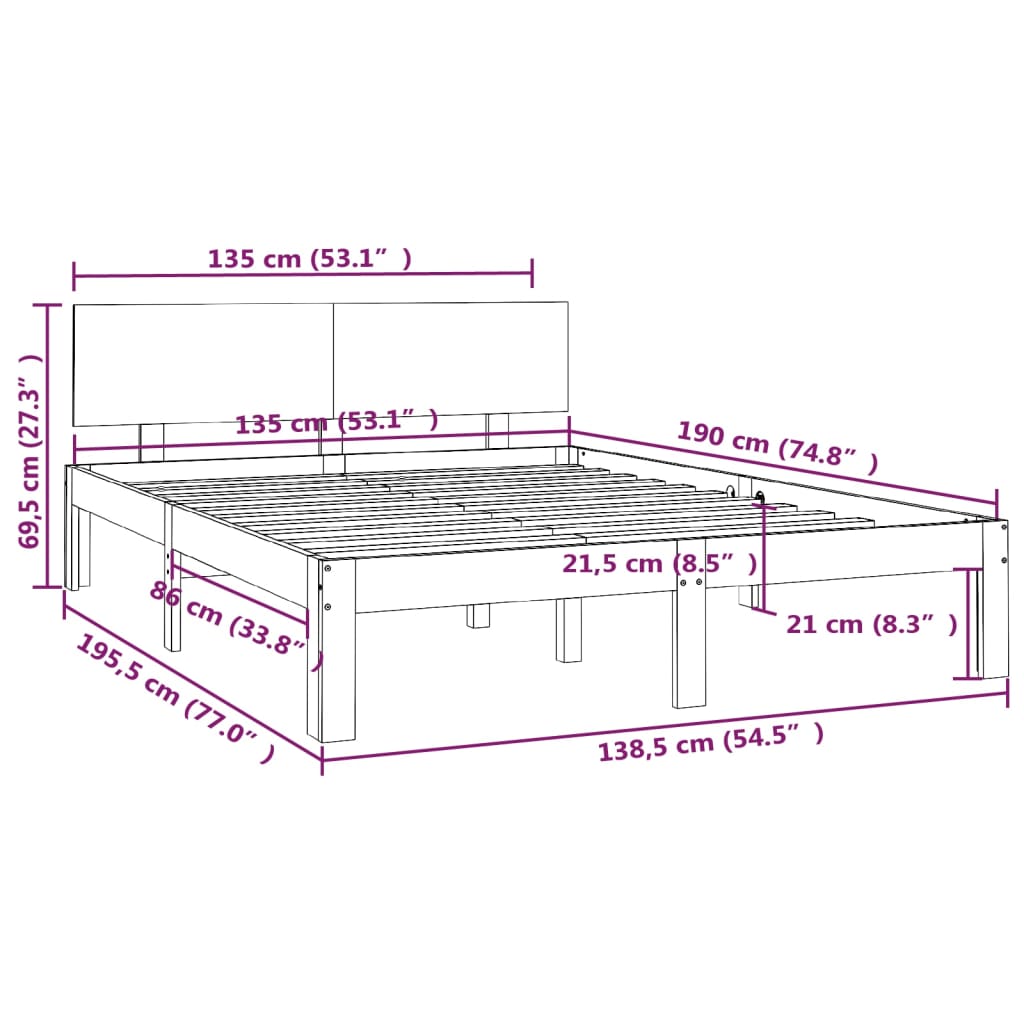Bedframe Massief Hout Double 135 x 190 cm Wit