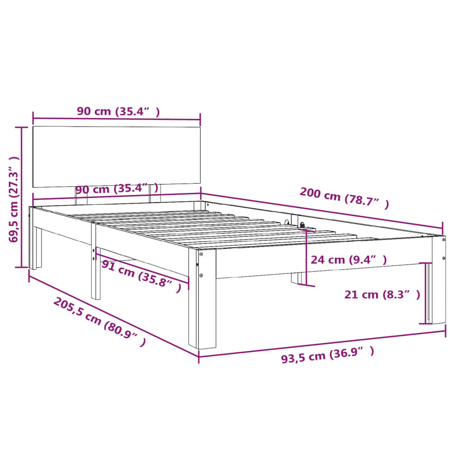 Bedframe Massief Grenenhout 90 x 200 cm Grijs