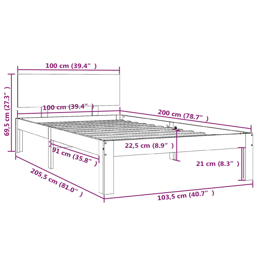 Bedframe Massief Grenenhout 100 x 200 cm Wit