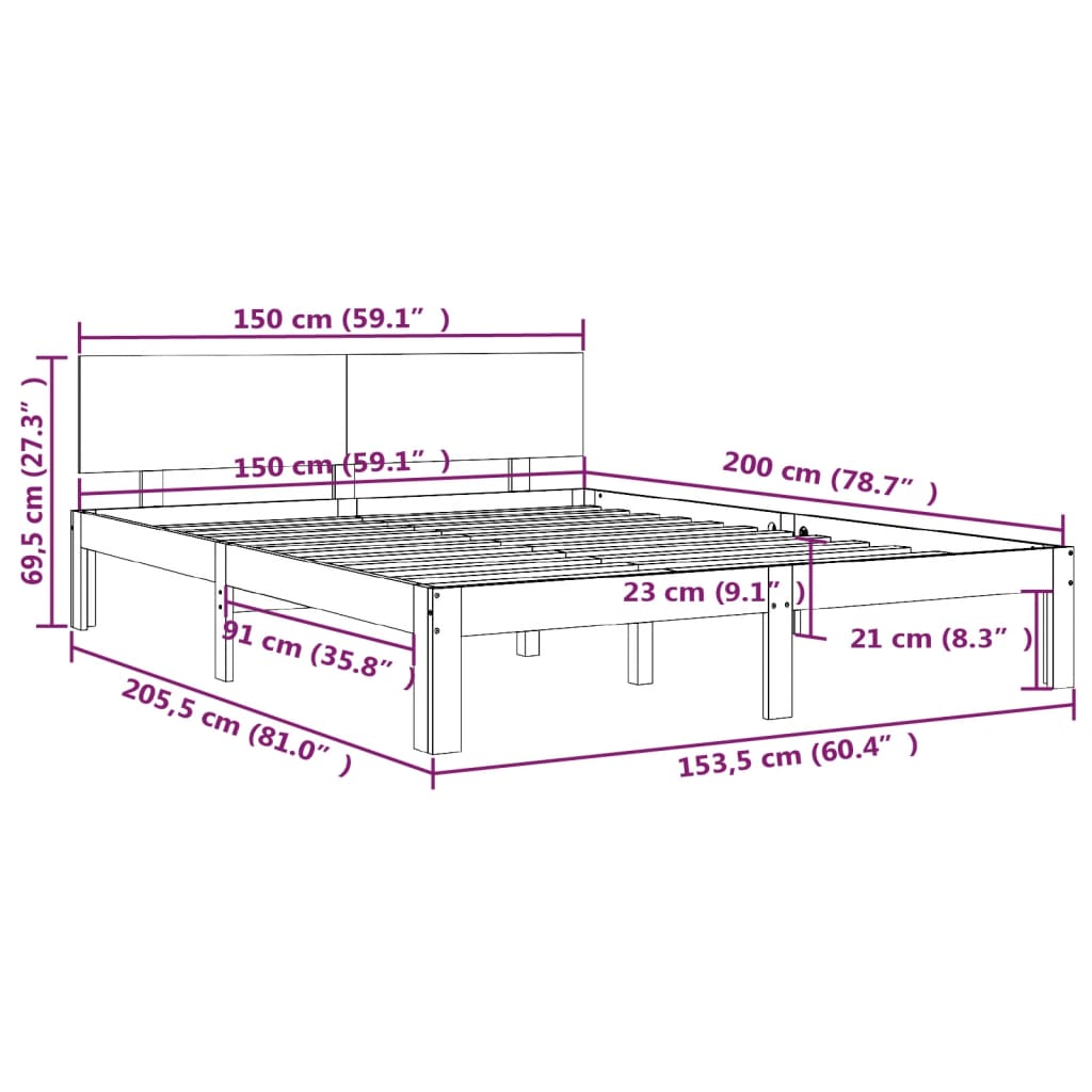 Bedframe Massief Hout King Size 150 x 200 cm Wit
