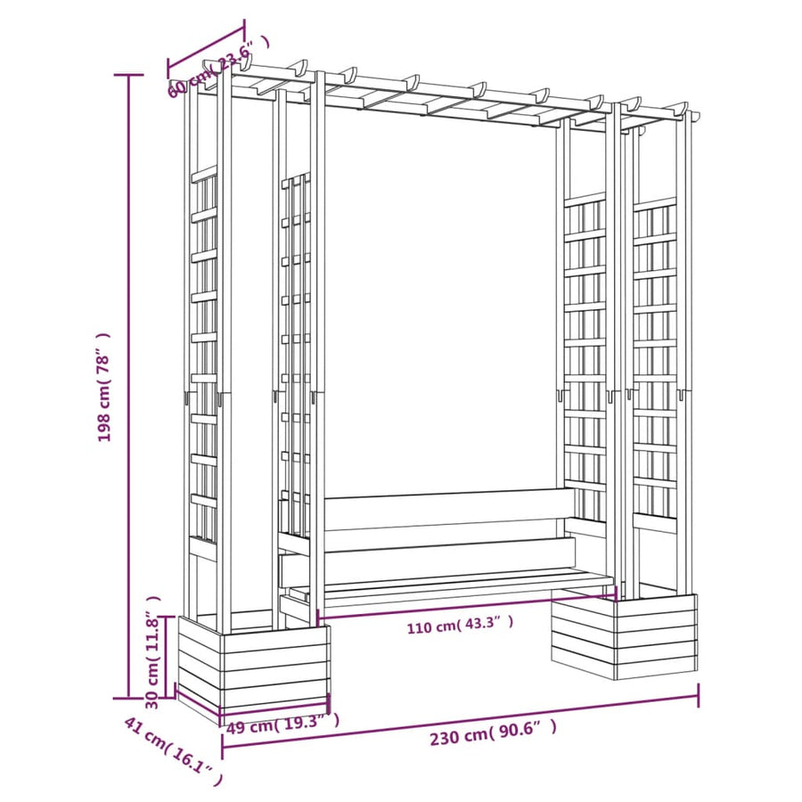 Pergola met bank en plantenbakken geïmpregneerd grenenhout