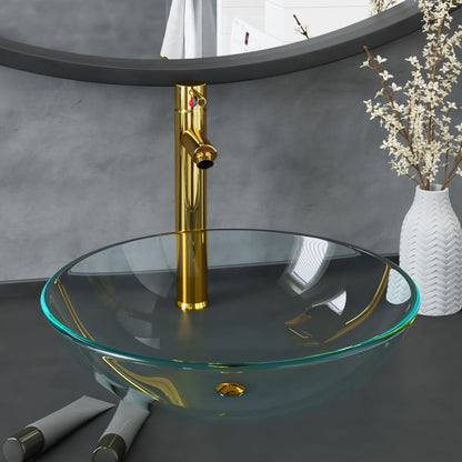 Wastafel met kraan en pop-up afvoer gehard glas transparant