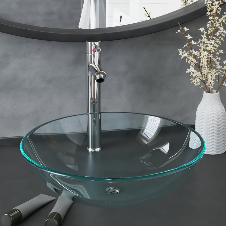 Wastafel met kraan en pop-up afvoer gehard glas transparant