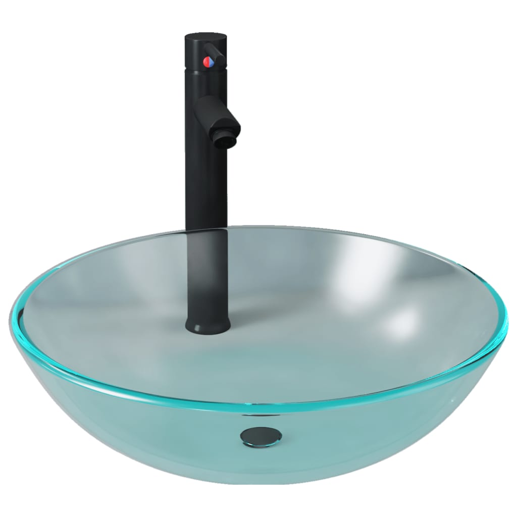 Wastafel met kraan en pop-up afvoer mat gehard glas Halfmat Zwarte kraan