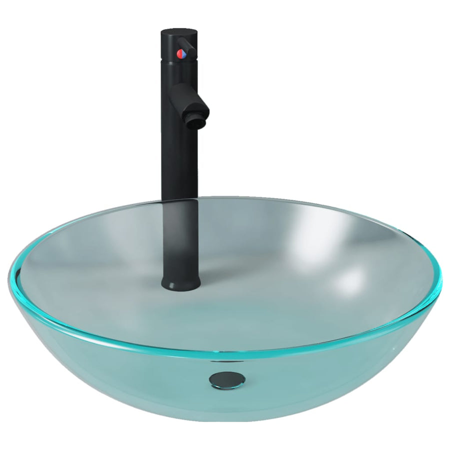 Wastafel met kraan en pop-up afvoer mat gehard glas Halfmat Zwarte kraan