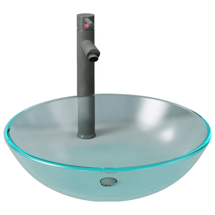 Wastafel met kraan en pop-up afvoer mat gehard glas