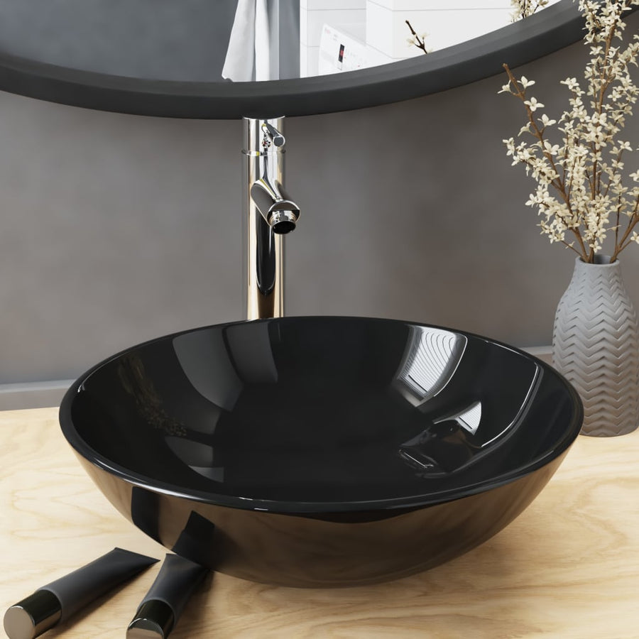 Wastafel Met Kraan En Pop-Up Afvoer Gehard Glas Zwart