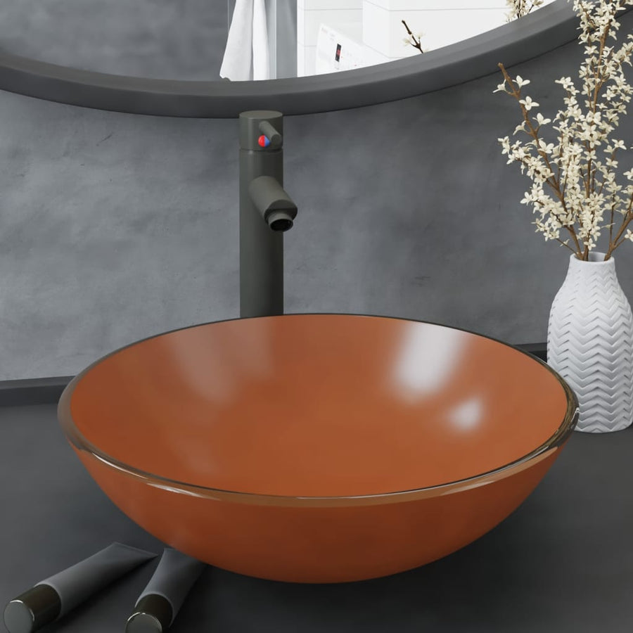 Wastafel met kraan en pop-up afvoer gehard glas bruin
