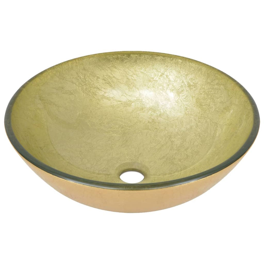 Wastafel Met Kraan En Pop-Up Afvoer Gehard Glas Goudkleurig