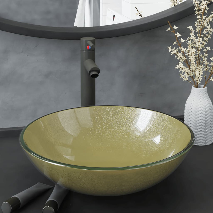 Wastafel met kraan en pop-up afvoer gehard glas goudkleurig