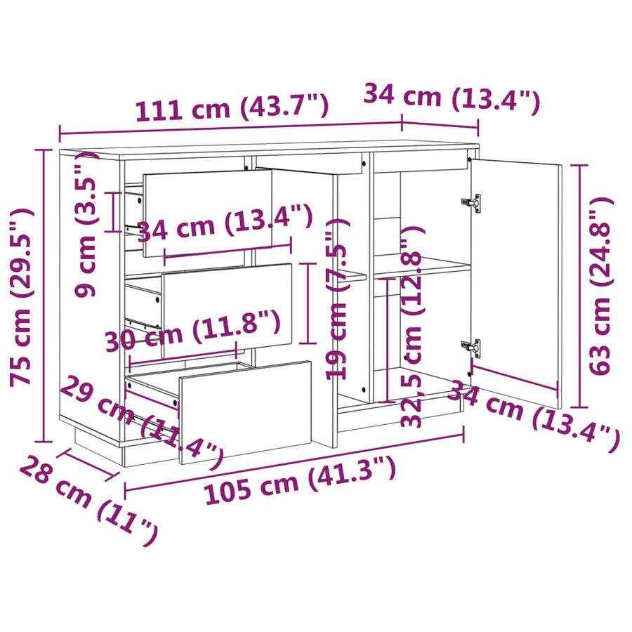 Dressoir 111x34x75 cm massief grenenhout wit Wit