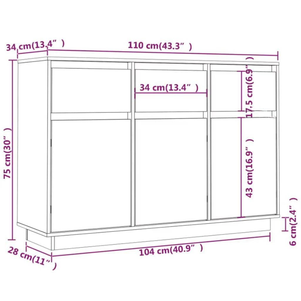 Dressoir 0X34X75 Cm Massief Grenenhout Wit