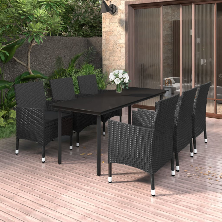 7-Delige Tuinset Met Kussens Poly Rattan En Glas 6 200 cm tafellengte Zwart