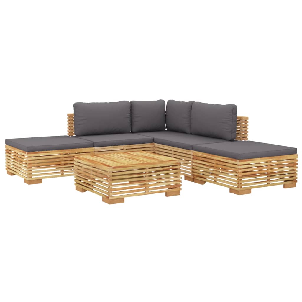 -Delige Loungeset Met Kussens Massief Teakhout 6 Donkergrijs Hoek + 2x midden + 3x voetensteun