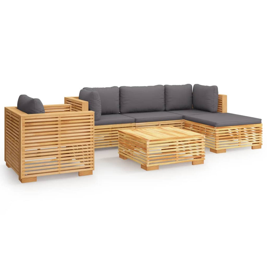 -Delige Loungeset Met Kussens Massief Teakhout 6 Donkergrijs 2x hoek + midden + Fauteuil + 2x voetensteun